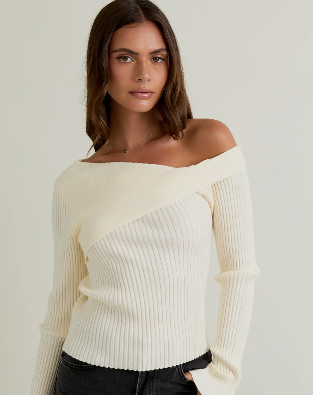 One Shoulder Ribbed Difference Detail Sweater Top