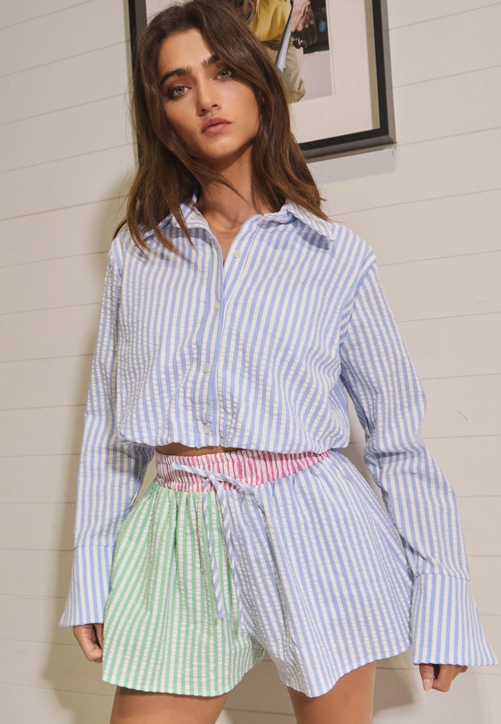 Striped Seersucker Crop Shirt Top