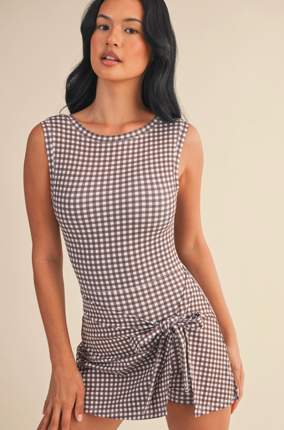 Gingham Print Sleeveless Wrap Tie Front Dress