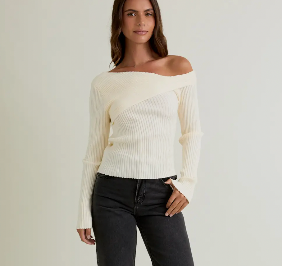 One Shoulder Ribbed Difference Detail Sweater Top