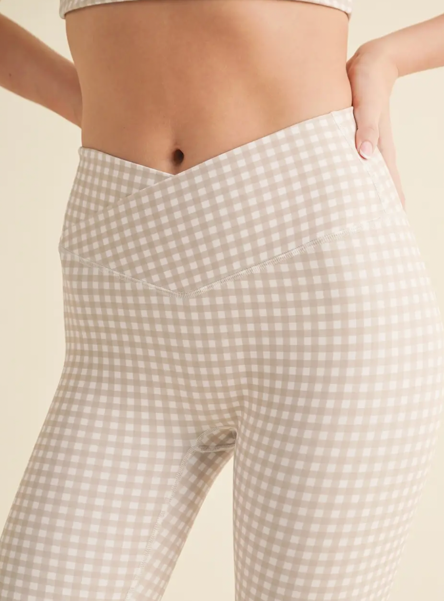 Gingham Print High Waist Crossover Flare Legging