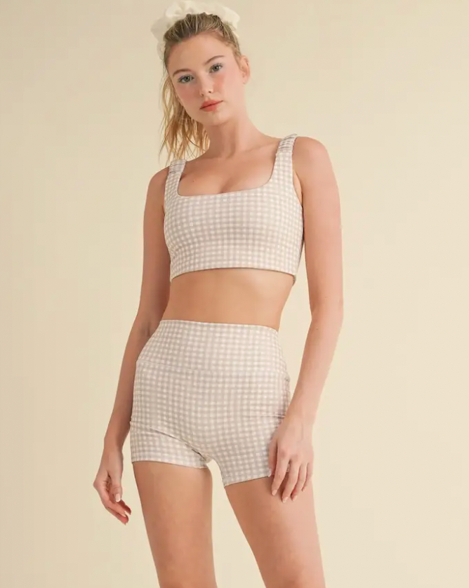 Gingham Print Ruched Bra Top Biege