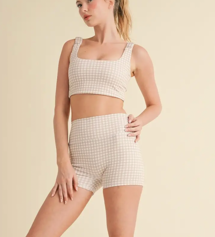 Gingham Print Ruched Bra Top Biege